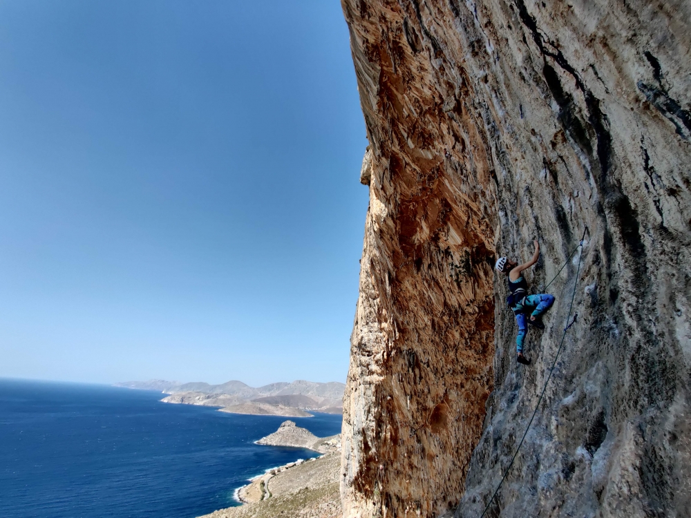 Climbing above the sea in Kalymnos.